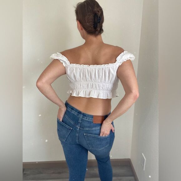 H&M Puff Sleeve Top White Large Ruffle Smocked Elastic Stretch - Picture 7 of 12